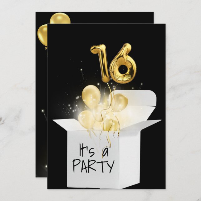 16th Birthday Gold Balloons In White Box Invitation (Front/Back)
