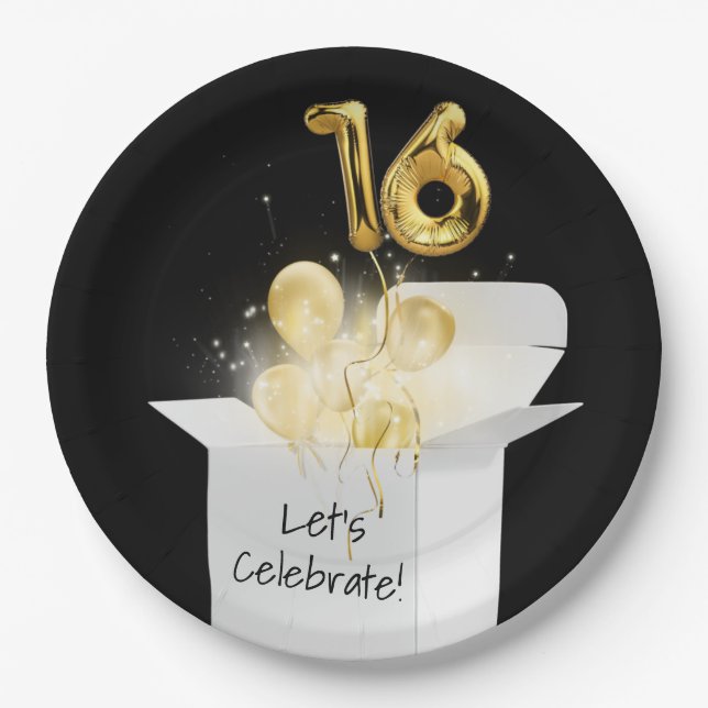 16th Birthday Gold Balloons In White Box  Paper Plate (Front)