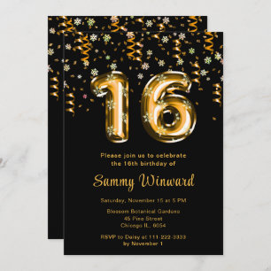 16th Birthday Gold Balloons Snowflake Confetti Invitation