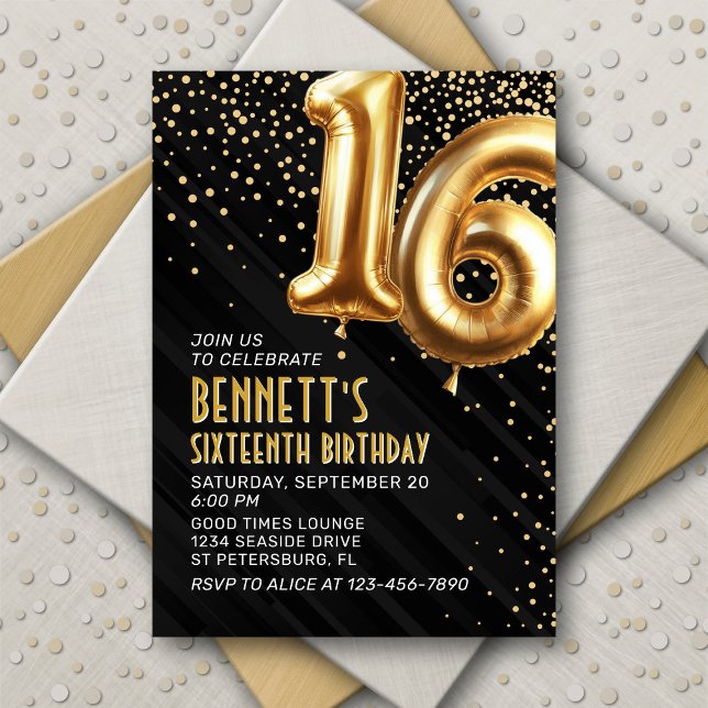 16th Birthday Gold Black Invitation (Creator Uploaded)
