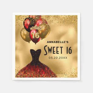 16th Birthday Gold Glitter Red Dress Sweet 16 Napkin