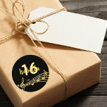 16th birthday gold music notes on elegant black classic round sticker<br><div class="desc">Black background with faux gold music notes for a sweet 16th birthday party. Templates for age and name.  The name is written in a hand-lettered style script.  Golden letters and number.</div>
