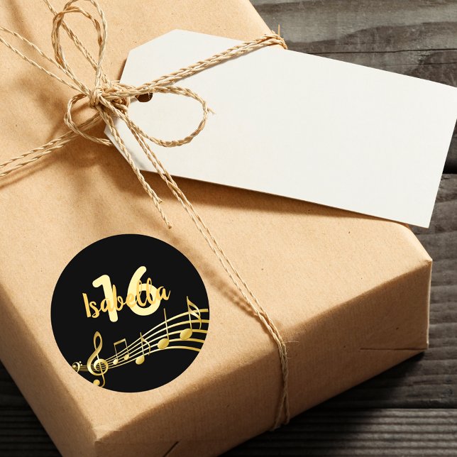 16th birthday gold music notes on elegant black classic round sticker (Creator Uploaded)
