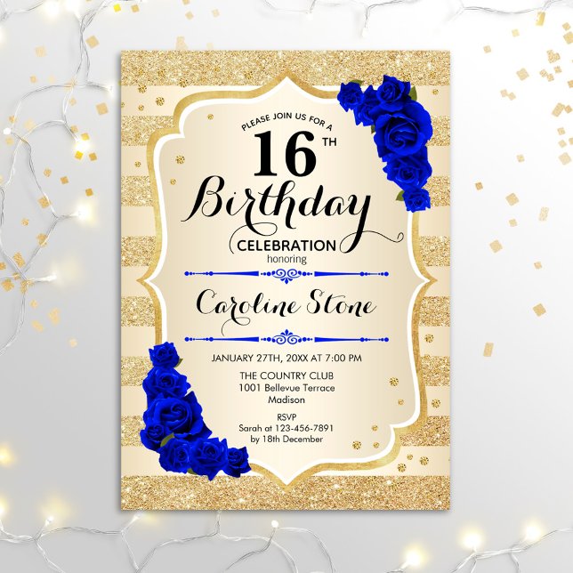 16th Birthday - Gold Stripes Roya; Blue Roses Invitation (Creator Uploaded)