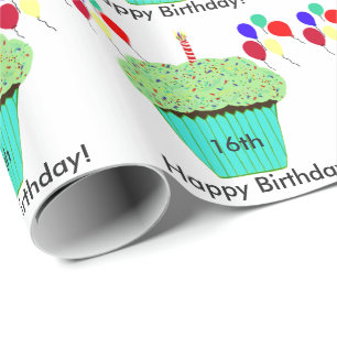 16th Birthday Green Cupcake Balloons Customise Age Wrapping Paper