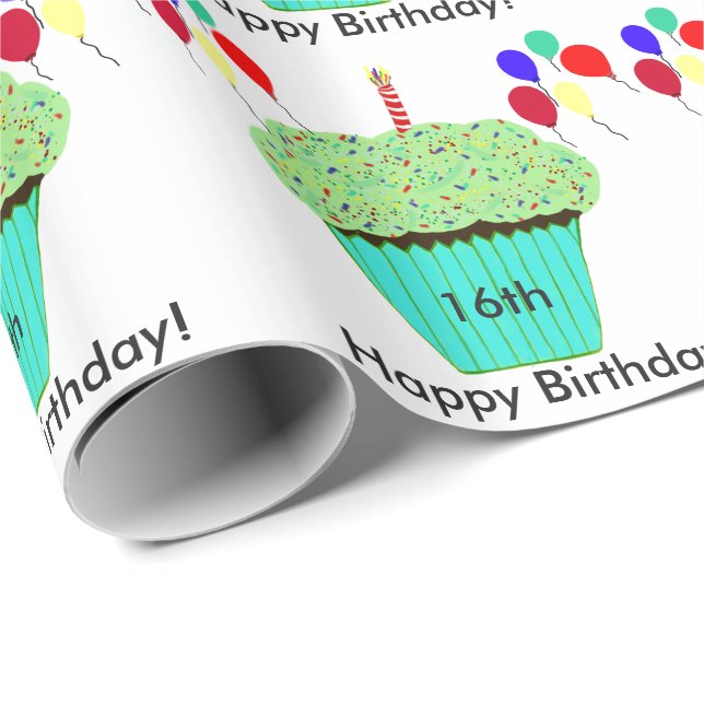 16th Birthday Green Cupcake Balloons Customise Age Wrapping Paper (Roll Corner)