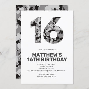 16TH Birthday, Grey Camo Personalised Teen Invitation