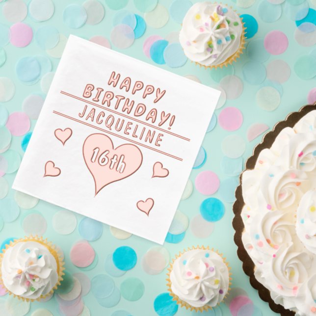 16th Birthday Hearts Name Any Age Foil Napkins (Insitu (Party))