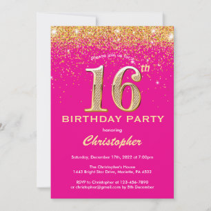 16th Birthday Hot Pink and Gold Glitter Confetti Invitation