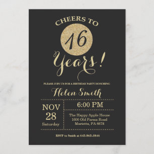 16th Birthday Invitation Black and Gold Glitter
