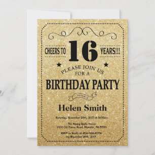 16th Birthday Invitation Black and Gold Glitter