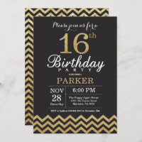 16th Birthday Invitation Black and Gold Glitter