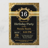 16th Birthday Invitation Black and Gold Glitter
