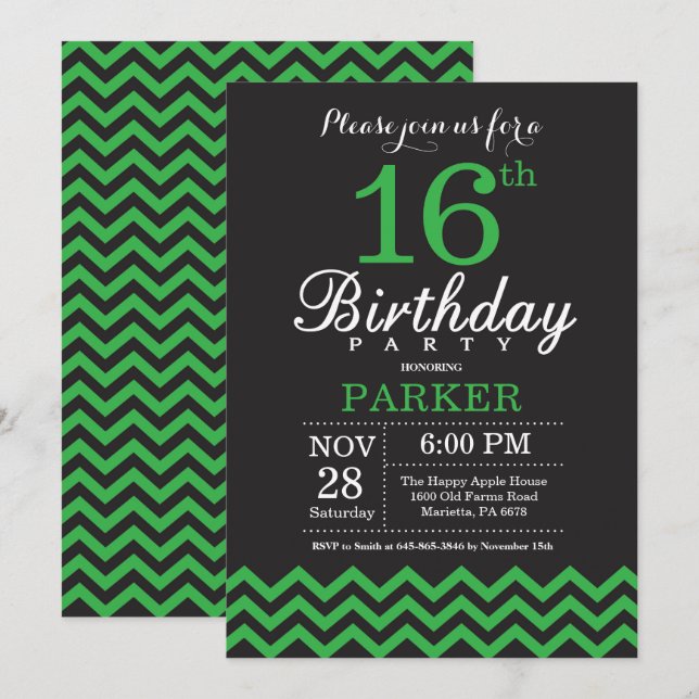 16th Birthday Invitation Black and Green Chevron (Front/Back)