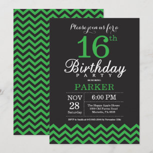 16th Birthday Invitation Black and Green Chevron