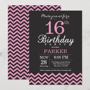 16th Birthday Invitation Black and Pink Chevron