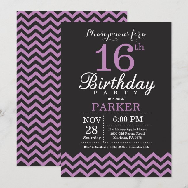 16th Birthday Invitation Black and Purple (Front/Back)