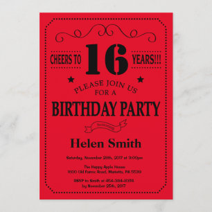 16th Birthday Invitation Black and Red