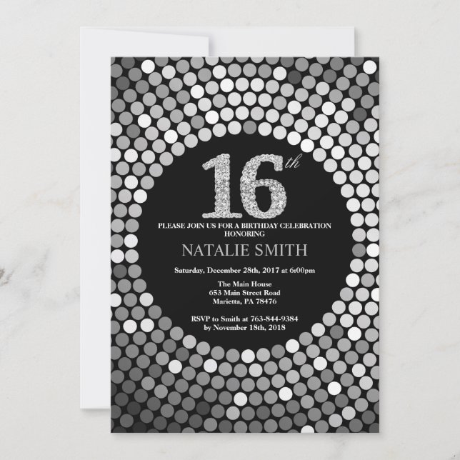 16th Birthday Invitation Black and Silver Glitter (Front)