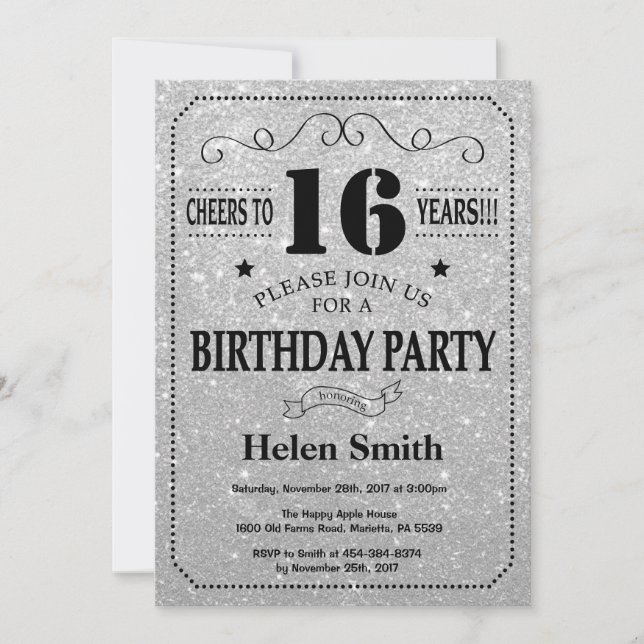 16th Birthday Invitation Black and Silver Glitter (Front)