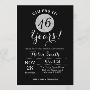 16th Birthday Invitation Black and Silver Glitter