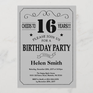 16th Birthday Invitation Black and Silver Grey