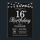 16th Birthday Invitation Black and White<br><div class="desc">16th Birthday Invitation with String Lights. Black Background. Kids Birthday. Boy or Girl Lady Elegant bday Invite. 13th 15th 16th 18th 20th 21st 30th 40th 50th 60th 70th 80th 90th 100th, Any age. For further customisation, please click the "Customise it" button and use our design tool to modify this template....</div>
