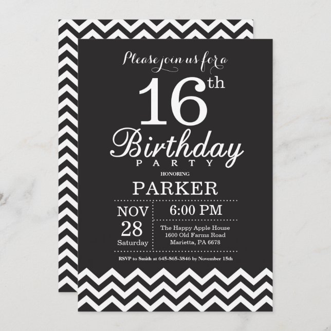 16th Birthday Invitation Black and White Chevron (Front/Back)
