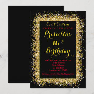 16th Birthday invitation, black, swirl, gold red Invitation