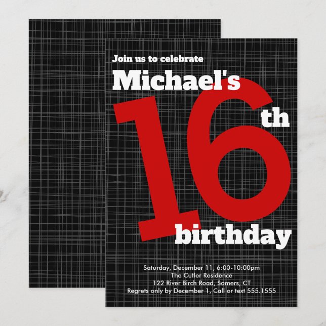 16th Birthday Invitation Black with Red Accent, (Front/Back)
