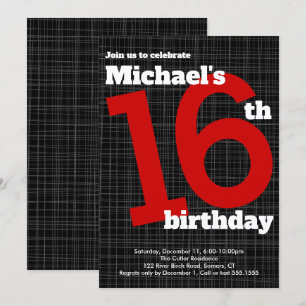 16th Birthday Invitation Black with Red Accent,
