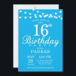 16th Birthday Invitation Blue<br><div class="desc">16th Birthday Invitation with String Lights. Blue Background. Kids Birthday. Boy or Girl Lady Elegant bday Invite. 13th 15th 16th 18th 20th 21st 30th 40th 50th 60th 70th 80th 90th 100th, Any age. For further customisation, please click the "Customise it" button and use our design tool to modify this template....</div>