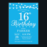 16th Birthday Invitation Blue<br><div class="desc">16th Birthday Invitation with String Lights. Blue Background. Kids Birthday. Boy or Girl Lady Elegant bday Invite. 13th 15th 16th 18th 20th 21st 30th 40th 50th 60th 70th 80th 90th 100th, Any age. For further customisation, please click the "Customise it" button and use our design tool to modify this template....</div>