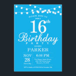 16th Birthday Invitation Blue<br><div class="desc">16th Birthday Invitation with String Lights. Blue Background. Kids Birthday. Boy or Girl Lady Elegant bday Invite. 13th 15th 16th 18th 20th 21st 30th 40th 50th 60th 70th 80th 90th 100th, Any age. For further customisation, please click the "Customise it" button and use our design tool to modify this template....</div>