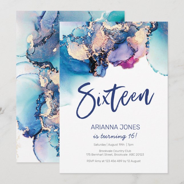 16th Birthday Invitation Blue Abstract Watercolor (Front/Back)