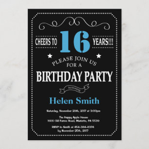 16th Birthday Invitation Blue and Black Chalkboard