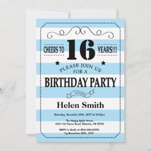 16th Birthday Invitation Blue and White Stripes