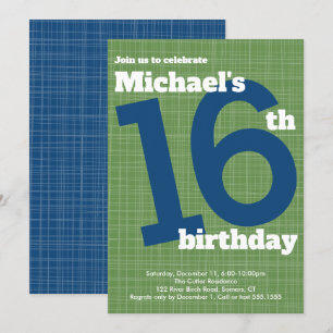 16th Birthday Invitation Blue with Green Accent,