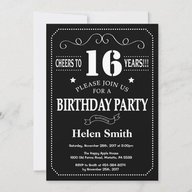 16th Birthday Invitation Chalkboard (Front)