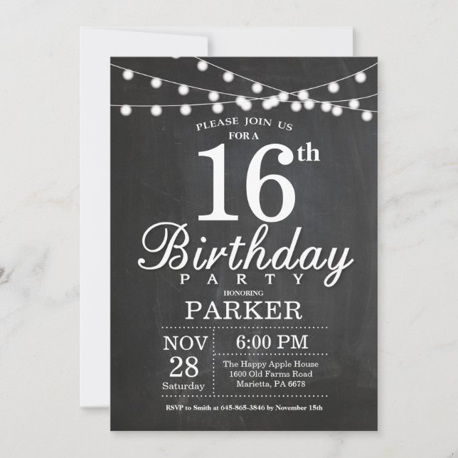 16th Birthday Invitation Chalkboard String Lights (Front)