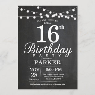 16th Birthday Invitation Chalkboard String Lights