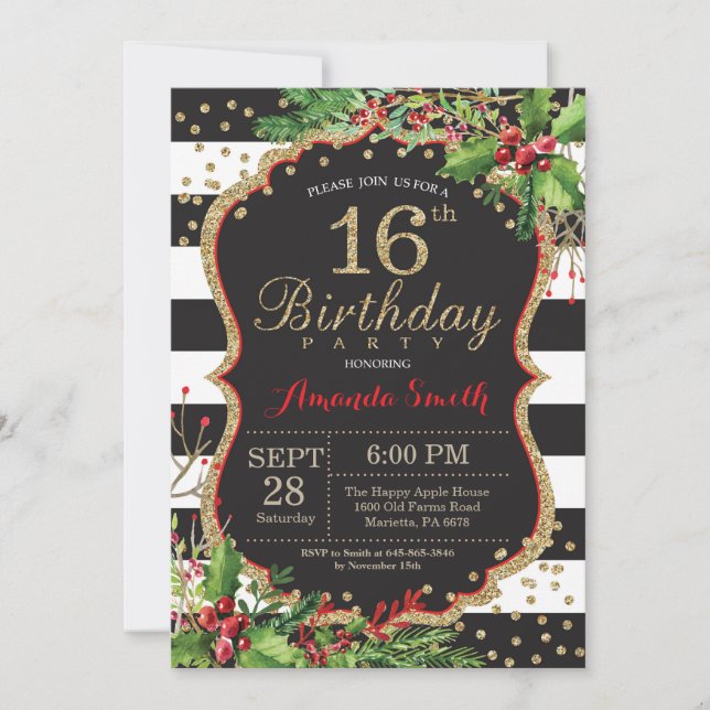 16th Birthday Invitation. Christmas Red Black Gold Invitation (Front)