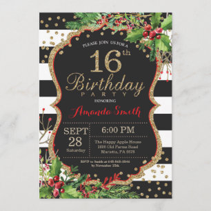 16th Birthday Invitation. Christmas Red Black Gold Invitation