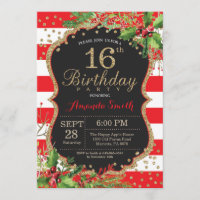 16th Birthday Invitation. Christmas Red Black Gold
