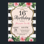 16th Birthday Invitation. Floral Pink Gold Black Invitation<br><div class="desc">16th Birthday Invitation for teen,  lady. Sweet Sixteen. Black and Gold Birthday Party Invite. Gold Glitter. Pink Watercolor Floral Flower. Black and White Stripes. Printable Digital. For further customisation,  please click the "Customise it" button and use our design tool to modify this template.</div>
