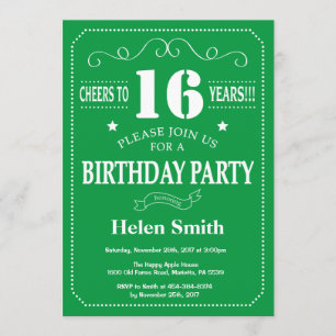 16th Birthday Invitation Green and White