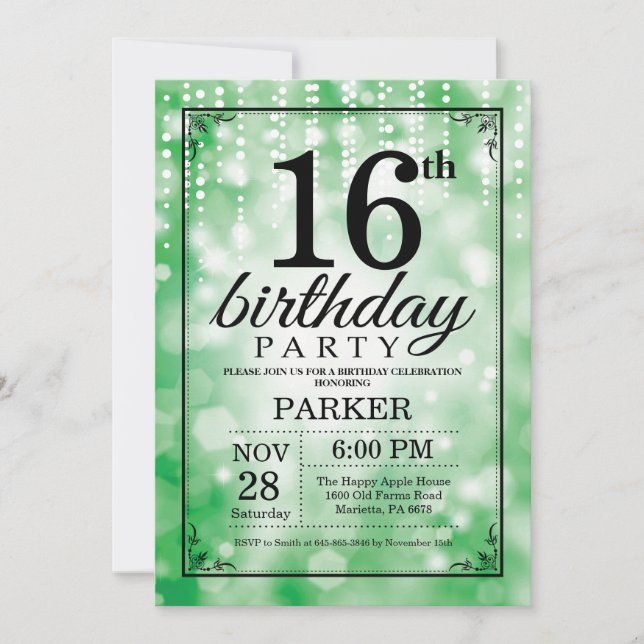 16th Birthday Invitation Green Glitter (Front)