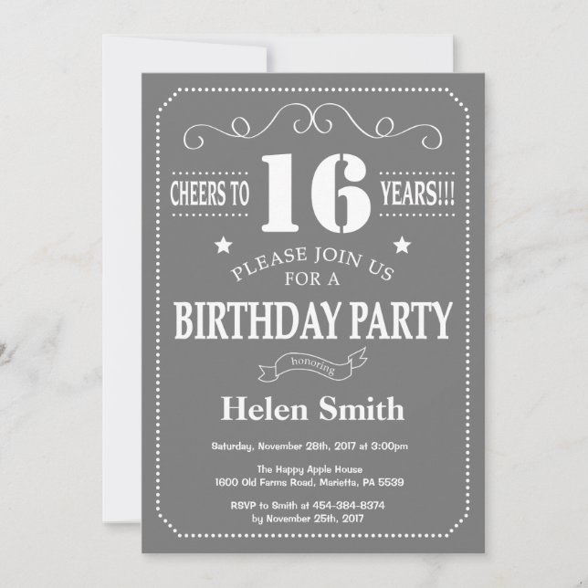 16th Birthday Invitation Grey and White (Front)