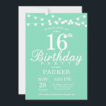 16th Birthday Invitation Mint Green<br><div class="desc">16th Birthday Invitation with String Lights. Mint Green Background. Kids Birthday. Boy or Girl Lady Elegant bday Invite. 13th 15th 16th 18th 20th 21st 30th 40th 50th 60th 70th 80th 90th 100th, Any age. For further customisation, please click the "Customise it" button and use our design tool to modify this...</div>