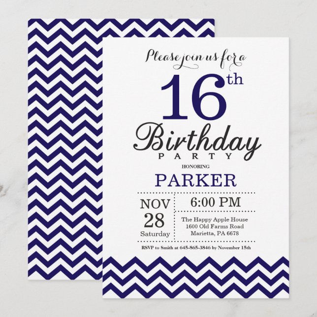 16th Birthday Invitation Navy Blue Chevron (Front/Back)